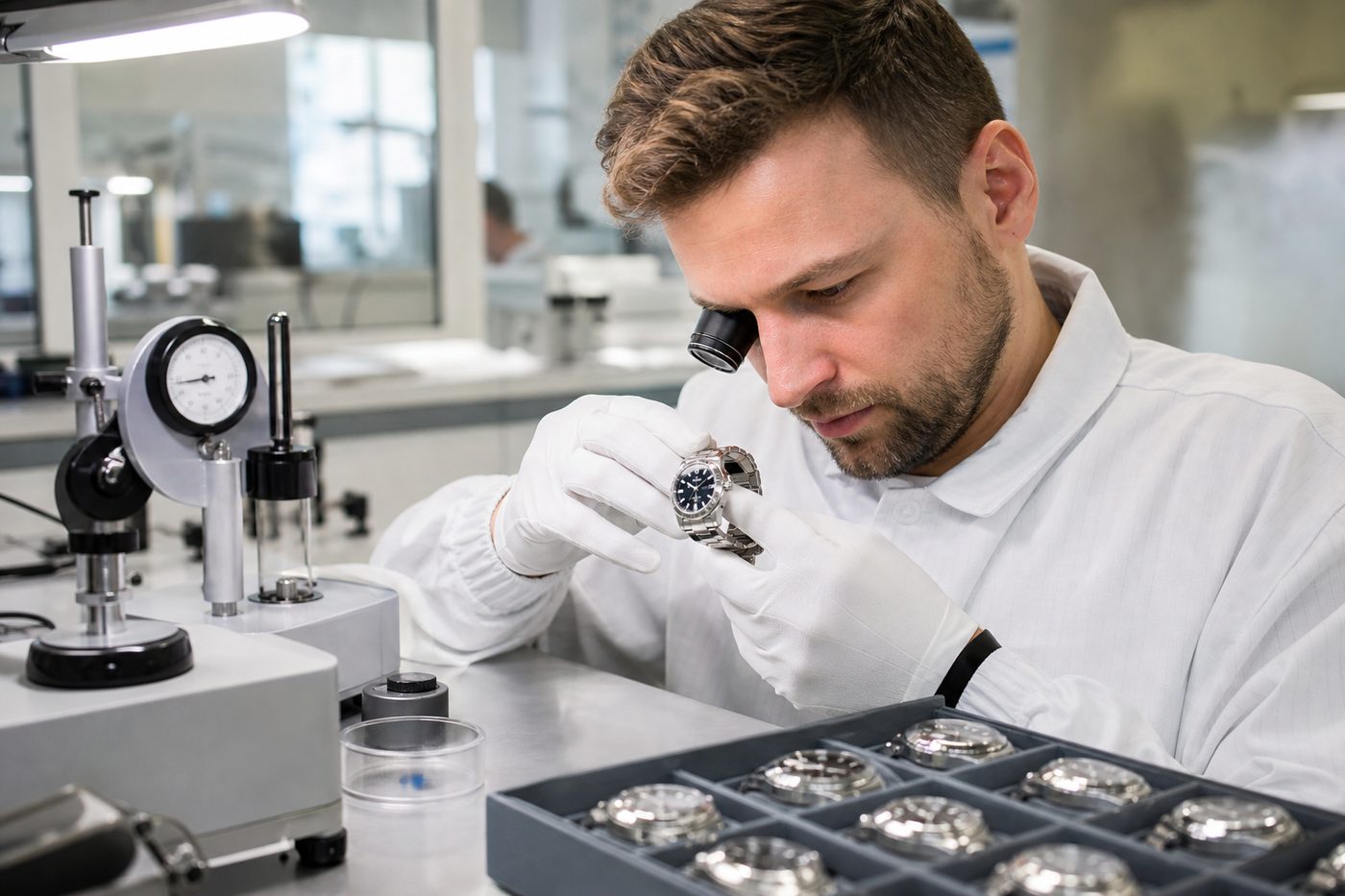 Quality-control technician inspecting a wristwatch at a factory testing bench
