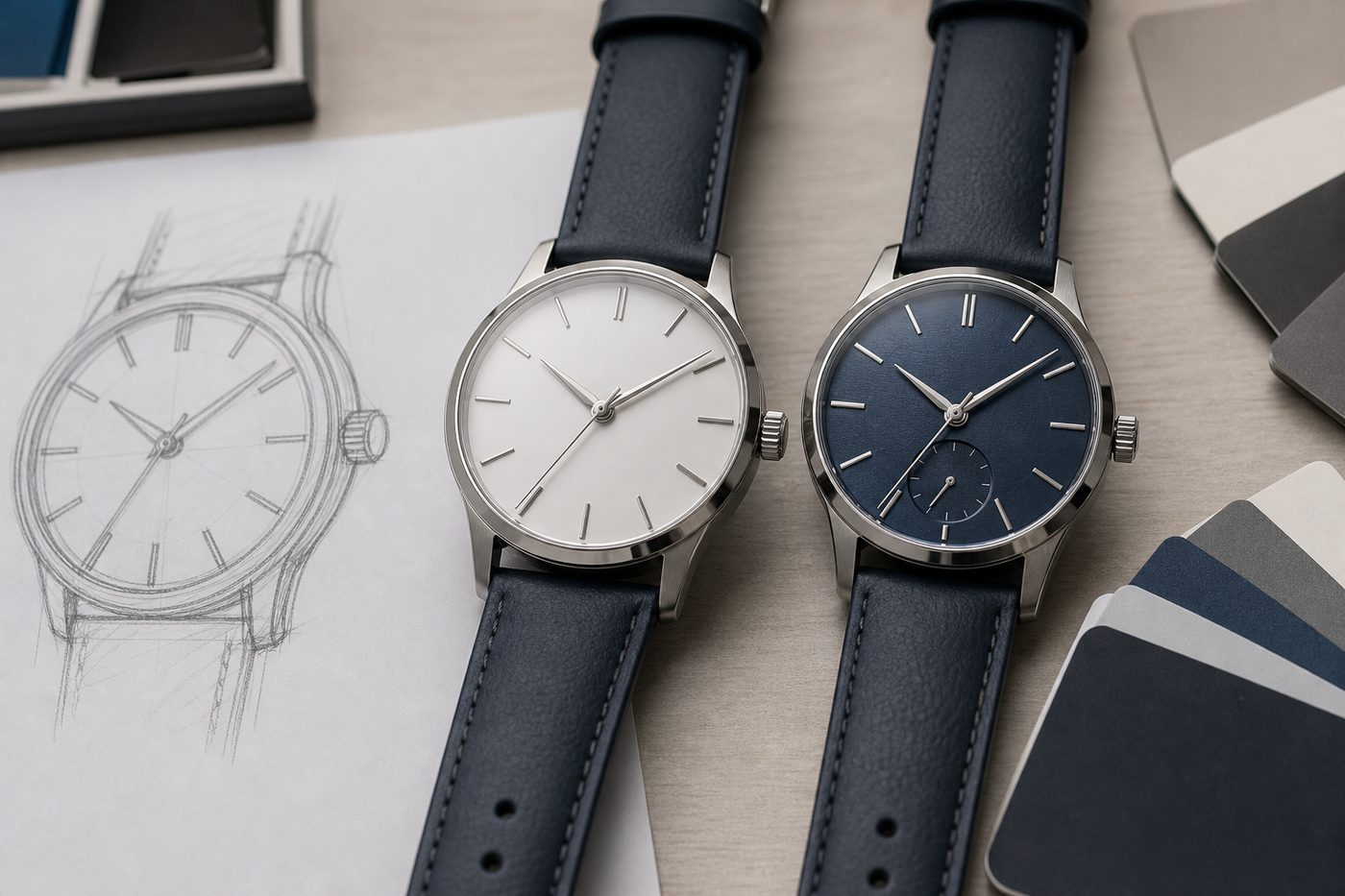 Blank dial and printed dial watches side by side with design sketch and colour swatches