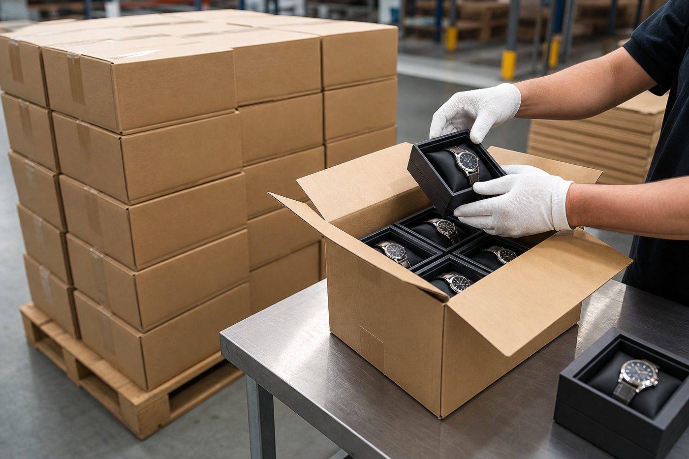 Export cartons on a pallet beside a watch packing table