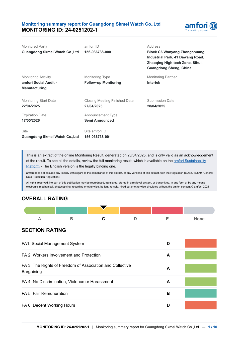 amfori BSCI audit result page dated 2025