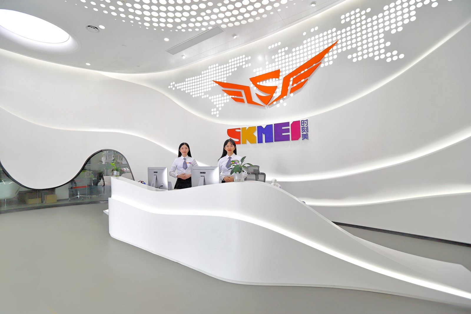 SKMEI factory reception desk with brand logo wall