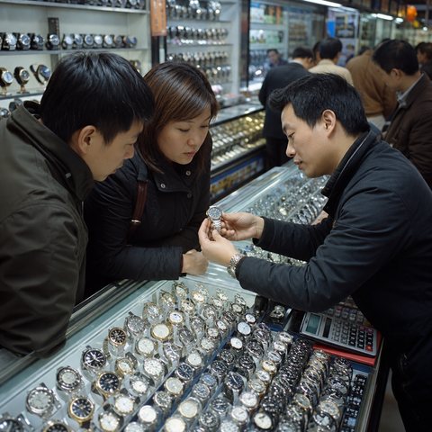 Scene illustration of a wholesale watch counter in the Guangzhou watch market