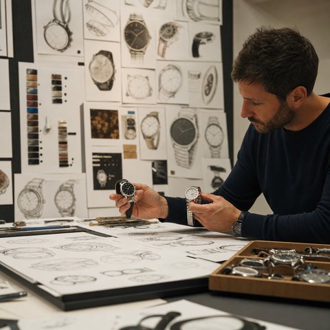 Scene illustration of a design studio wall with watch sketches