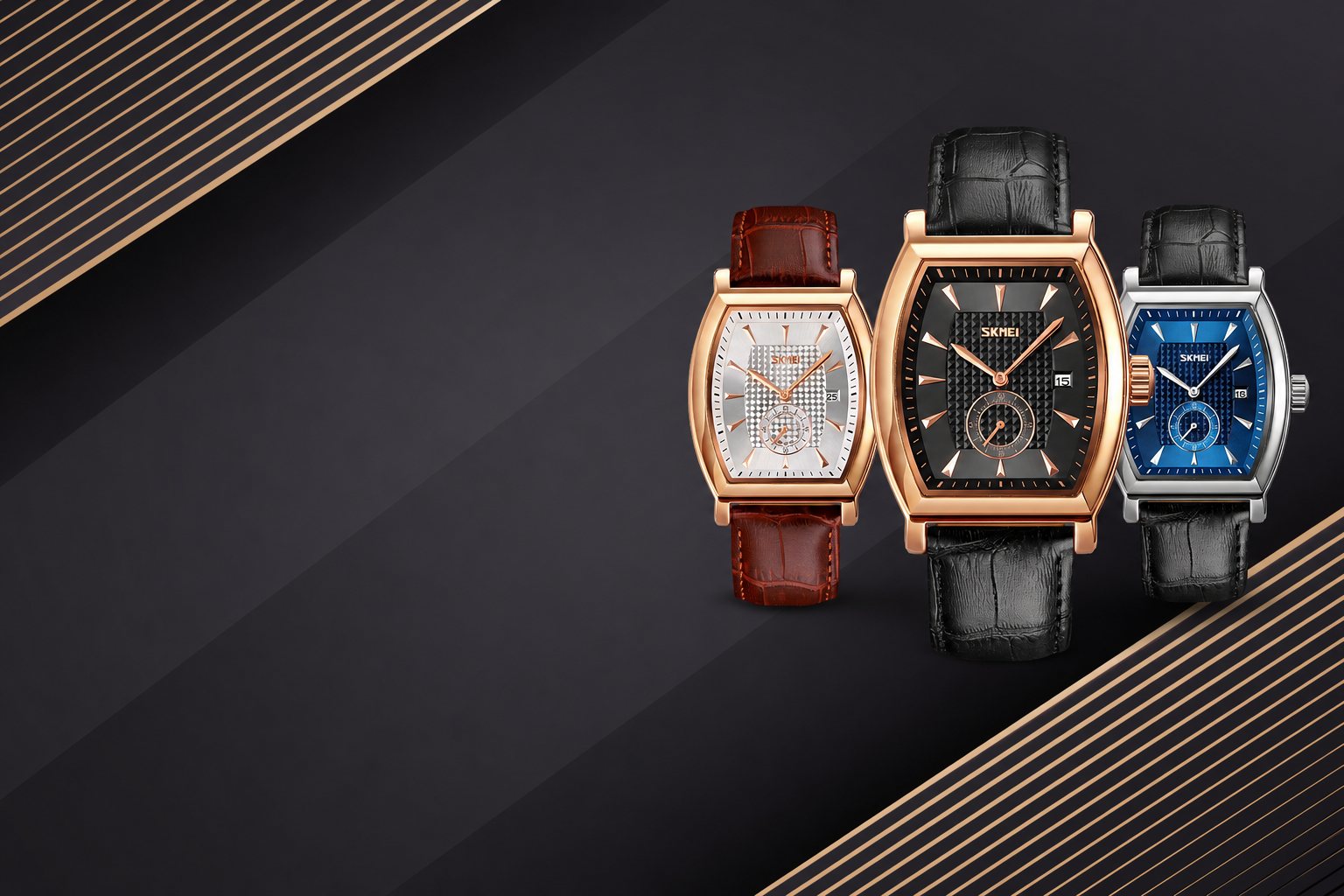 SKMEI 9306 business tonneau watch trio campaign poster on dark charcoal with gold accents