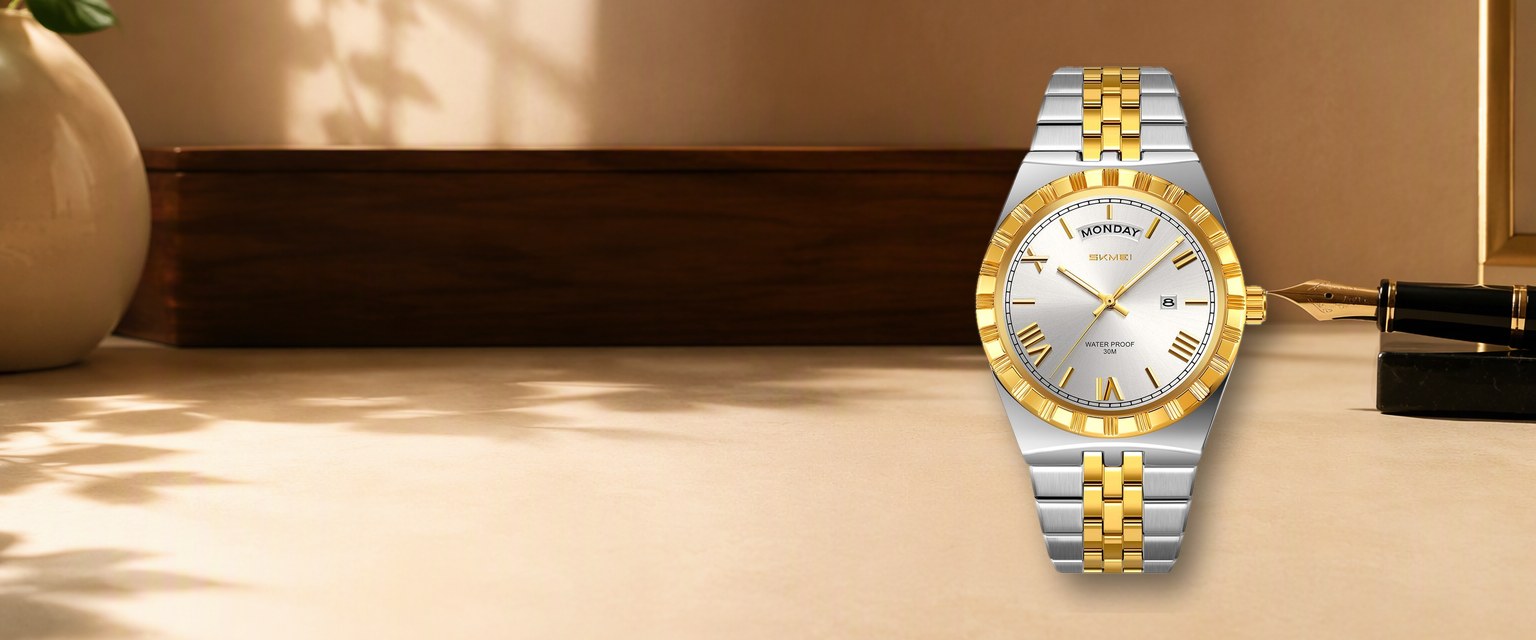 SKMEI 9411 two-tone day-date dress watch poster on a warm desk scene