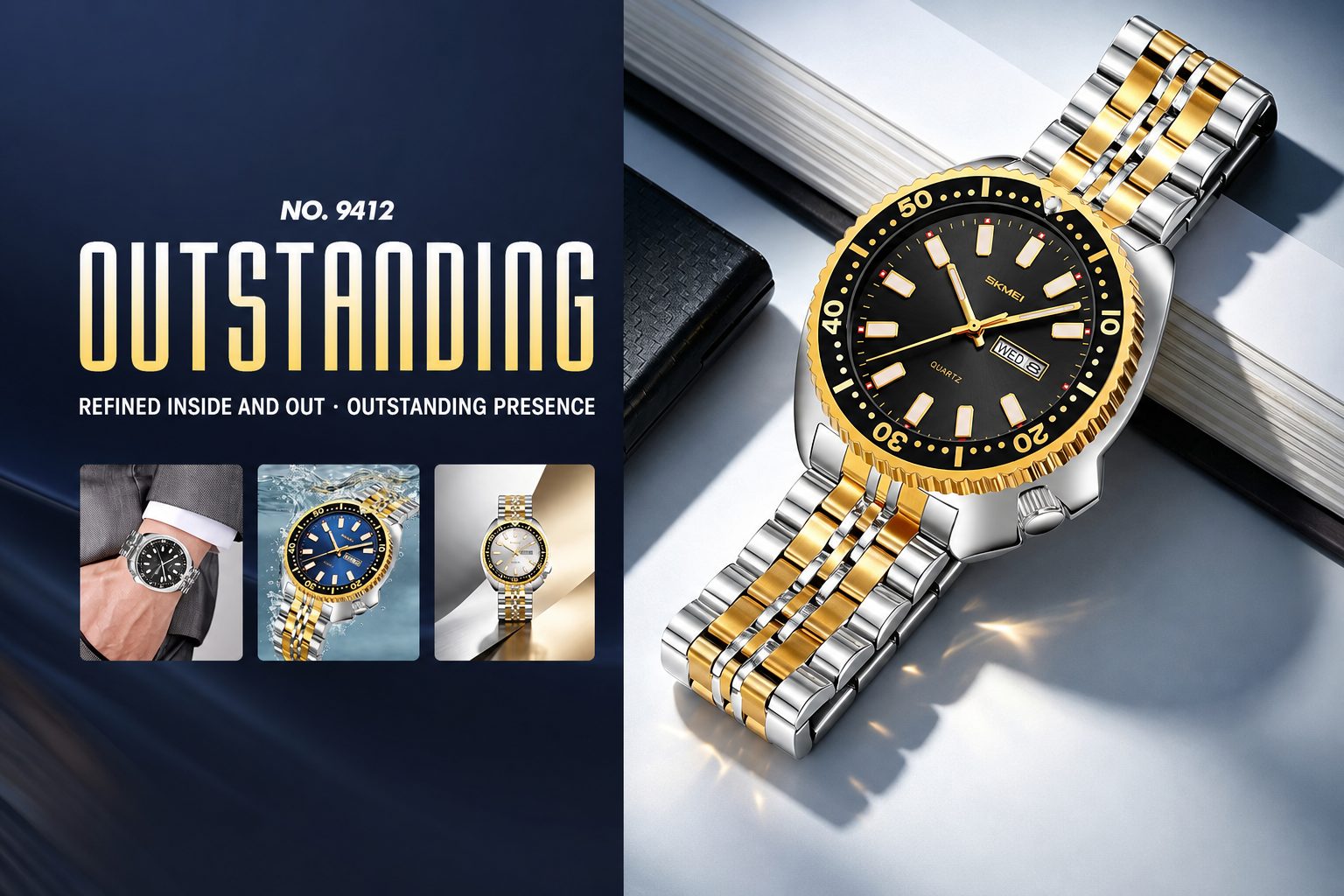 SKMEI 9412 two-tone diver platform poster with black dial and gold bezel