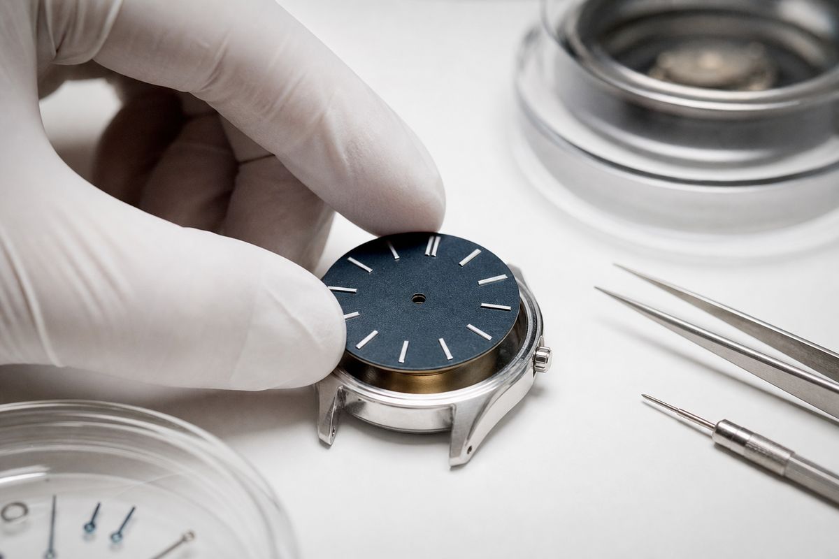 Watchmaker fitting a printed dial into an open watch case