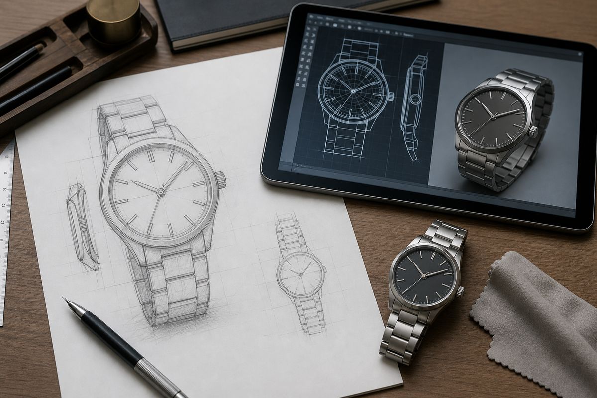 Watch design sketch beside a CAD tablet and a finished steel watch